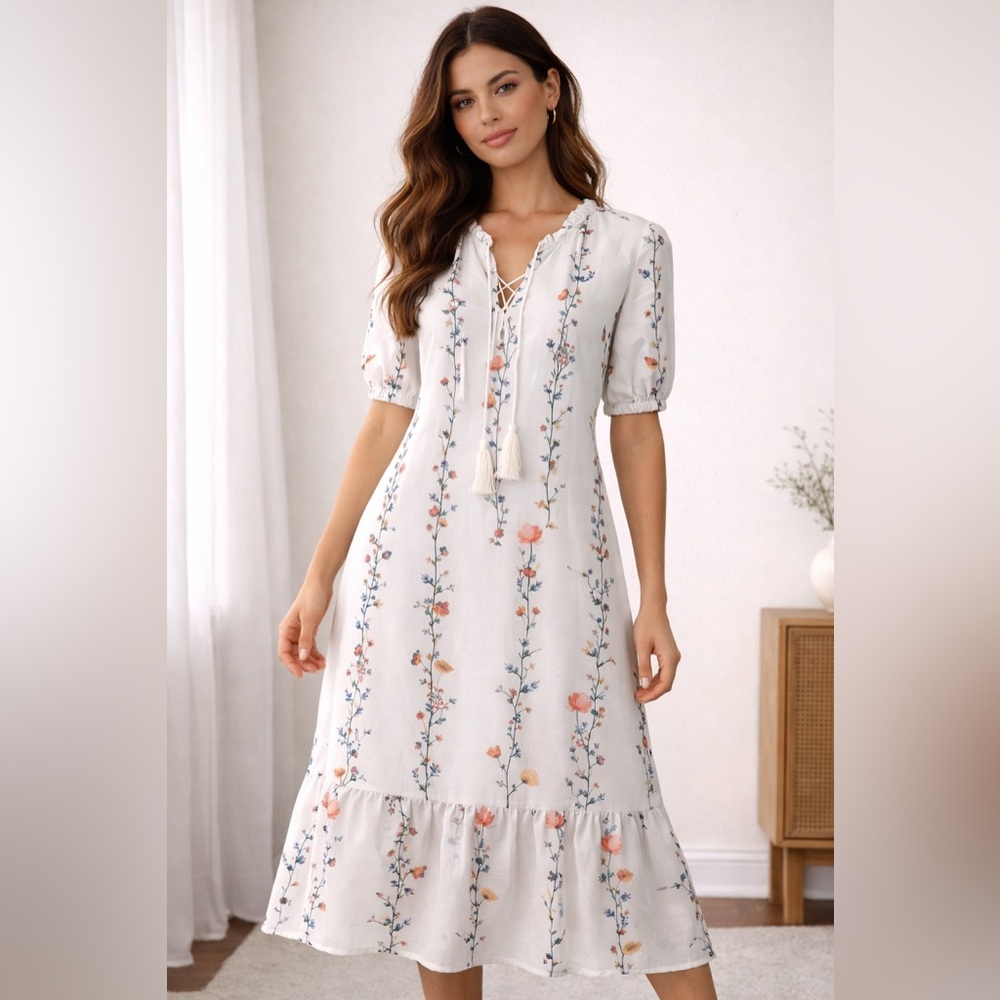 White Floral Cottagecore Midi Dress Small Ruffle Hem Tassel Tie Neck Lined